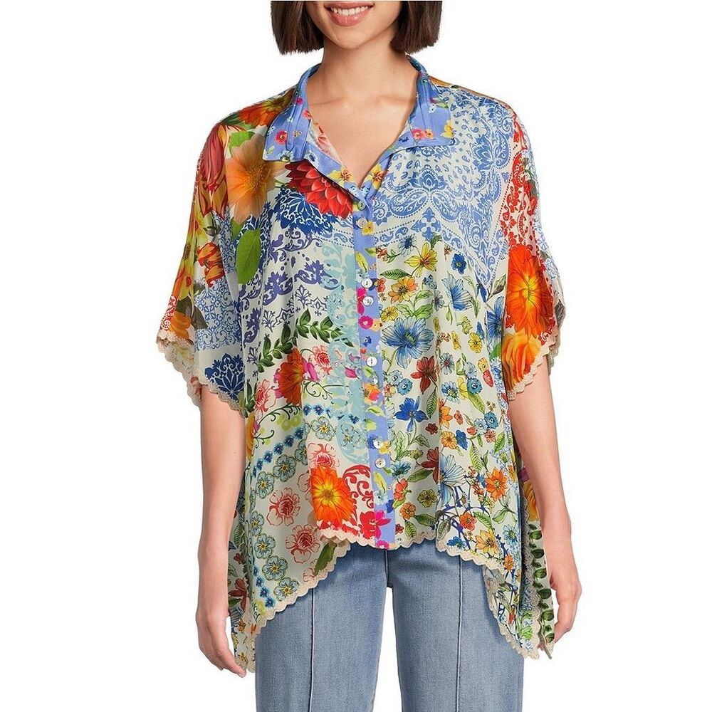 John Mark Printed Oversized Wire Collar Short Dolman Sleeve Top Sz S/M